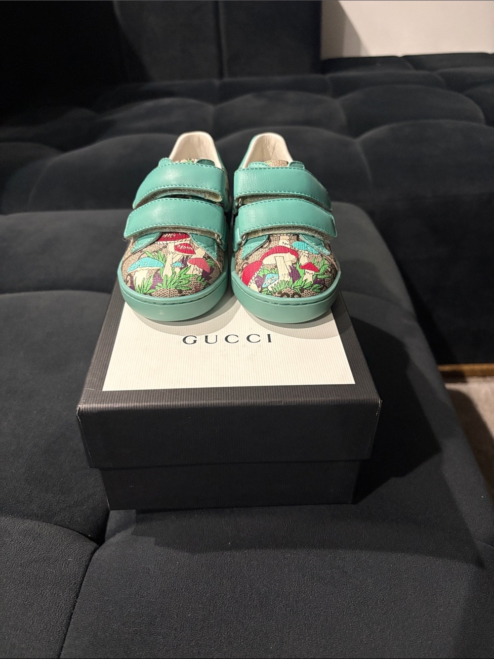Gucci Kids Turquoise Velcro Sneakers with Mushroom Motif